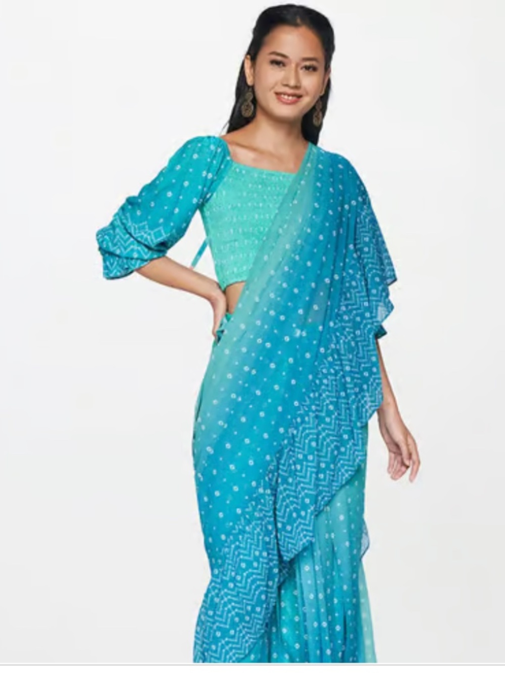 Aqua Pleated Fit and Flare Stitched Saree